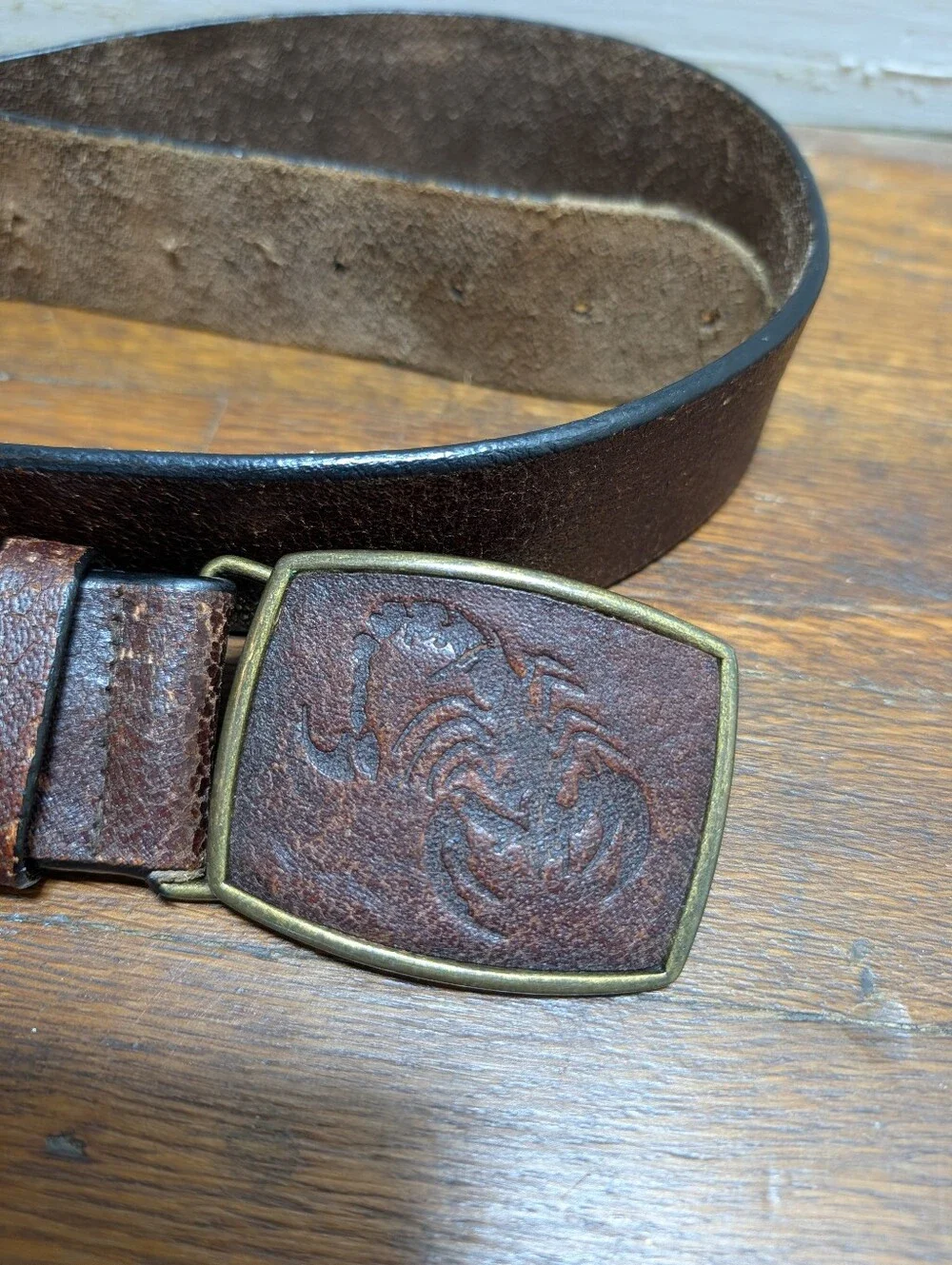 Vtg Men's Brown Size 42/44 Dress Belt, Adjustable Solid with Scorpion Buckle